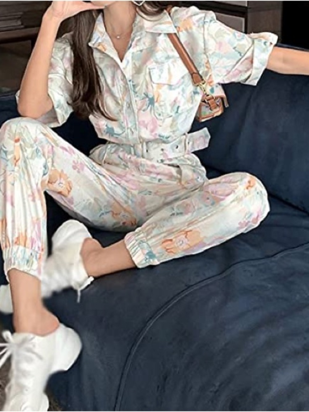 Lena Pastel Floral pants Jumpsuit with Belt - Picture 3 of 12